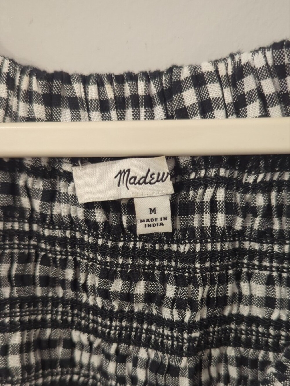 Madewell Dress Gingham Smocked U-Neck Mini Black White size Medium Linen Cotton - Picture 5 of 13